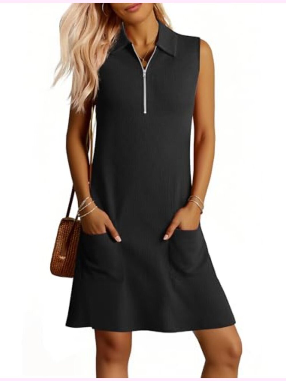 Sleeveless Ribbed Half Zip Polo Collar Tshirt Dress Summer Casual